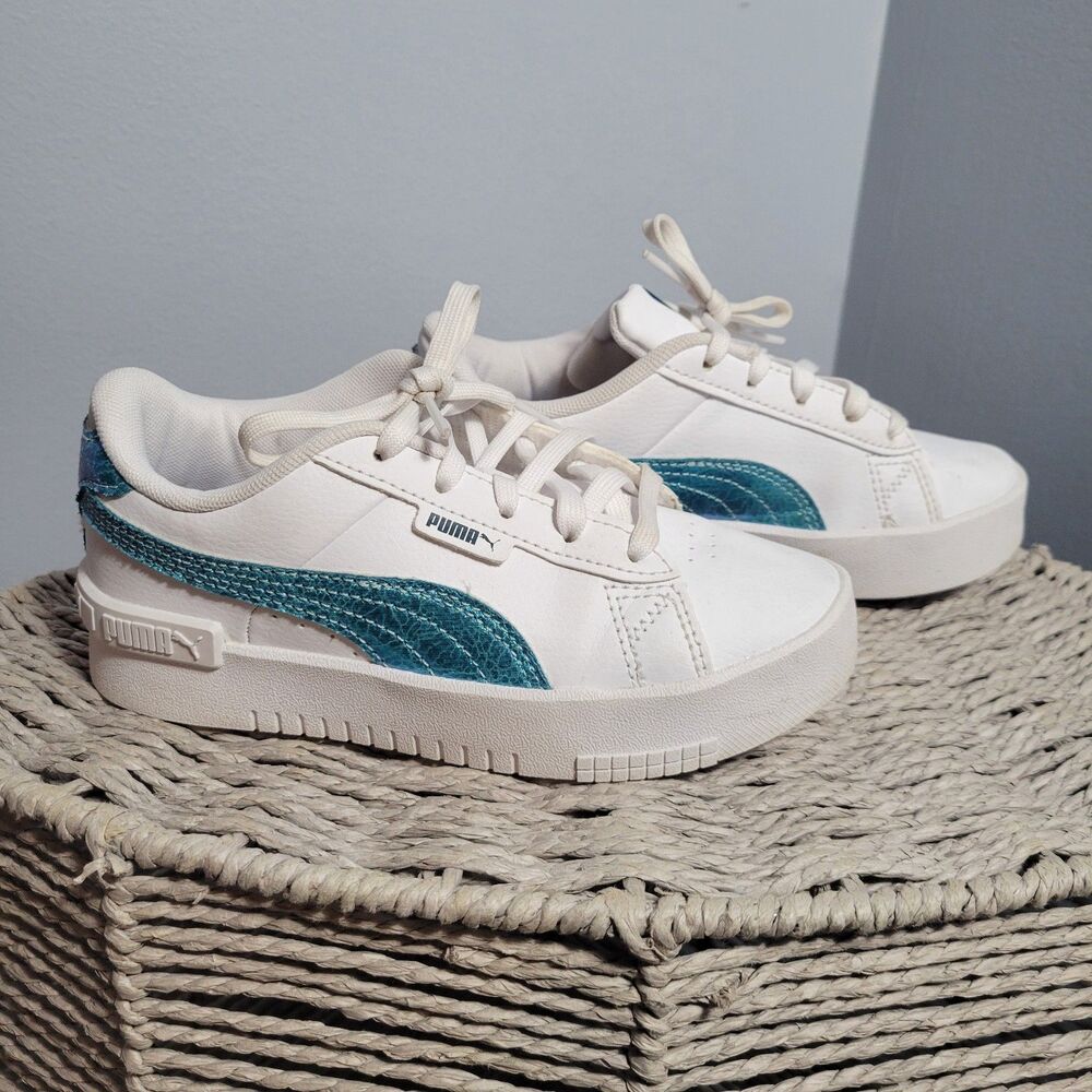 Puma Shoes Children Sneakers White Metallic Blue Logo Lace Up Low Top Size 13